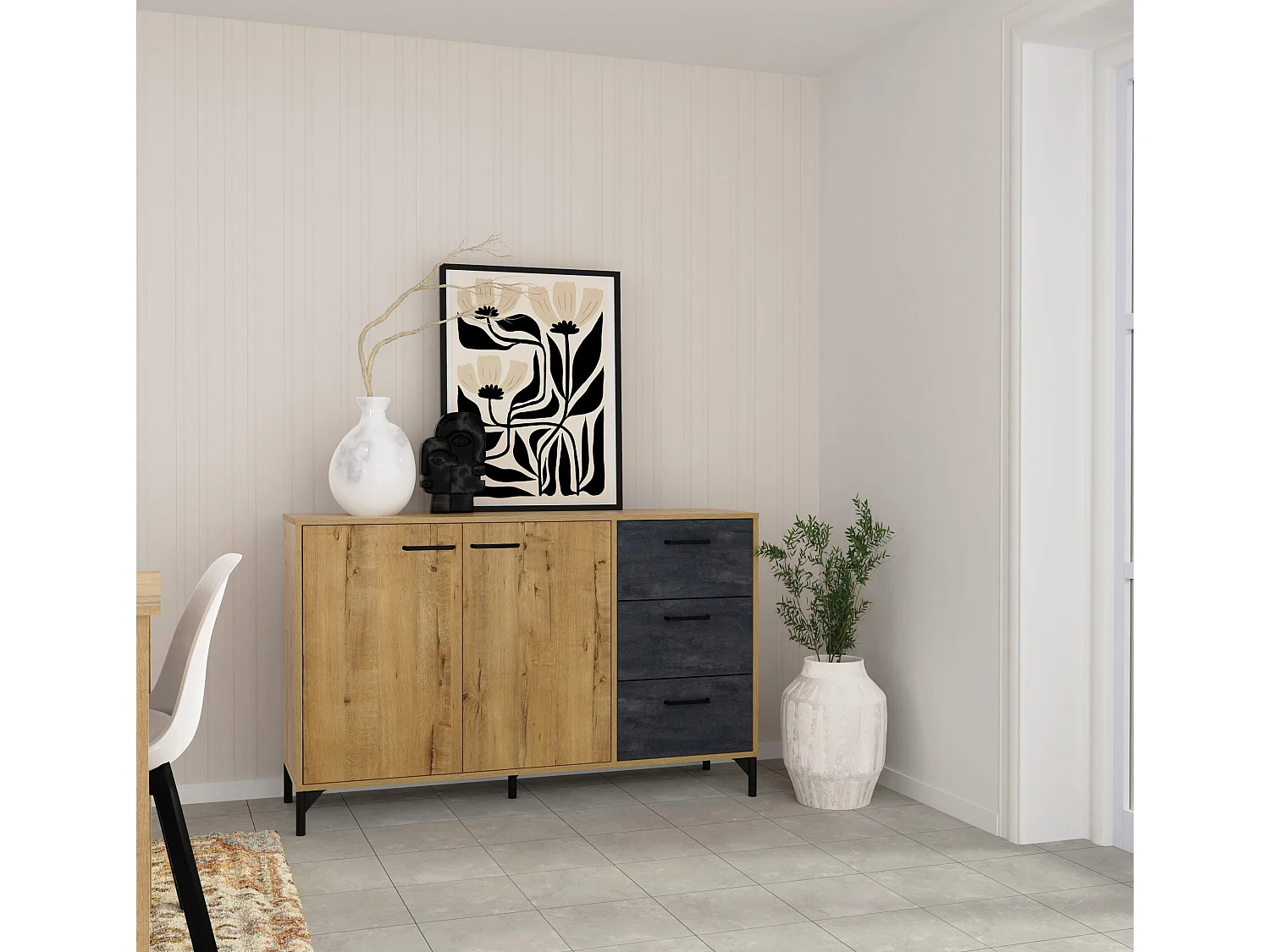 Buffet commode meuble de rangement coloris chêne doré/effet marbre noir - Longueur 135 x Profondeur 40 x Hauteur 85 cm