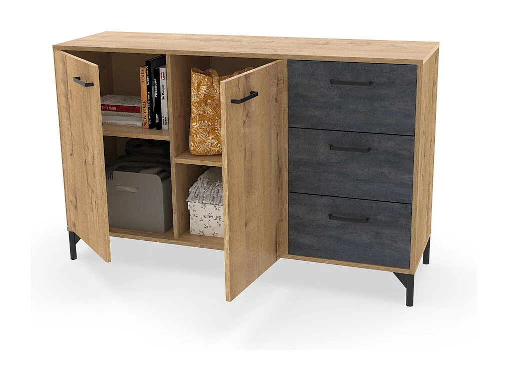 Buffet commode meuble de rangement coloris chêne doré/effet marbre noir - Longueur 135 x Profondeur 40 x Hauteur 85 cm