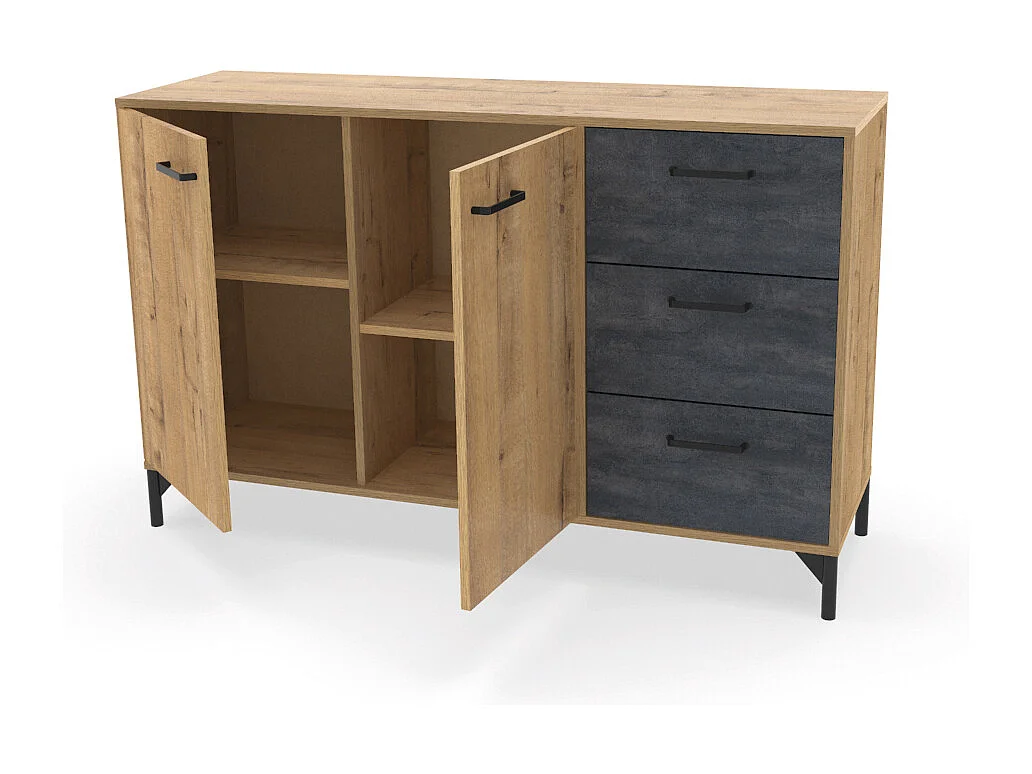 Buffet commode meuble de rangement coloris chêne doré/effet marbre noir - Longueur 135 x Profondeur 40 x Hauteur 85 cm