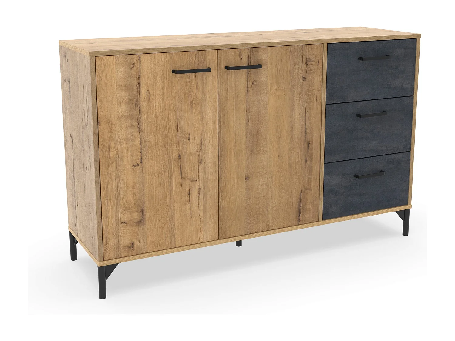 Buffet commode meuble de rangement coloris chêne doré/effet marbre noir - Longueur 135 x Profondeur 40 x Hauteur 85 cm