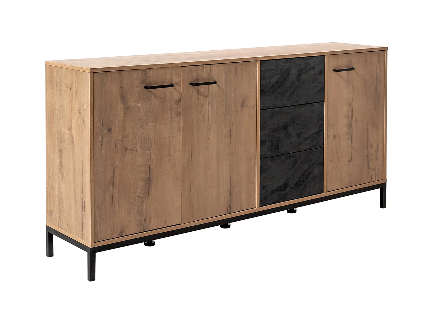 Buffet commode meuble de rangement 3 portes coloris chêne doré/effet marbre noir - Longueur 180 x Profondeur 40 x Hauteur 85 cm