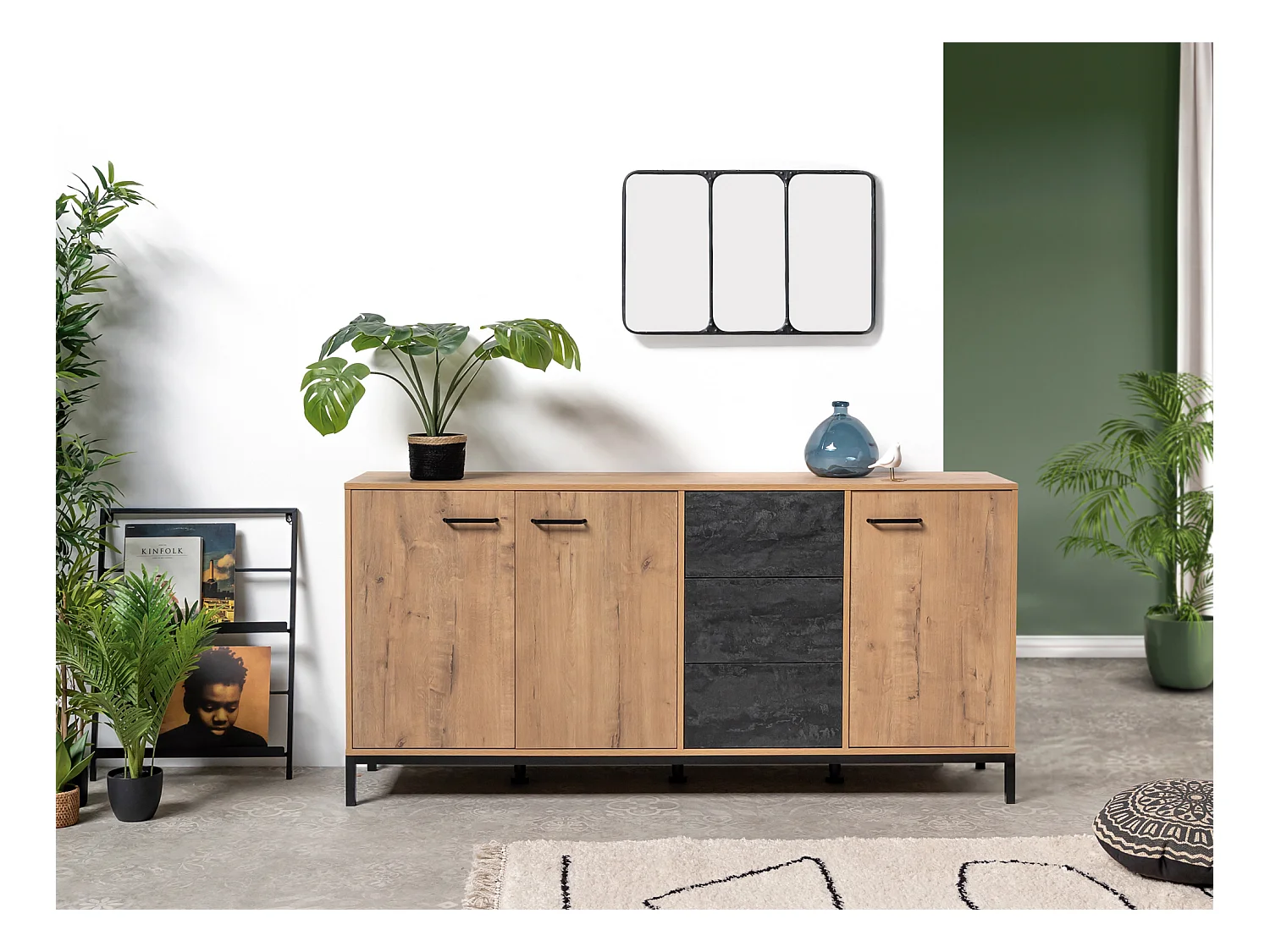 Buffet commode meuble de rangement 3 portes coloris chêne doré/effet marbre noir - Longueur 180 x Profondeur 40 x Hauteur 85 cm