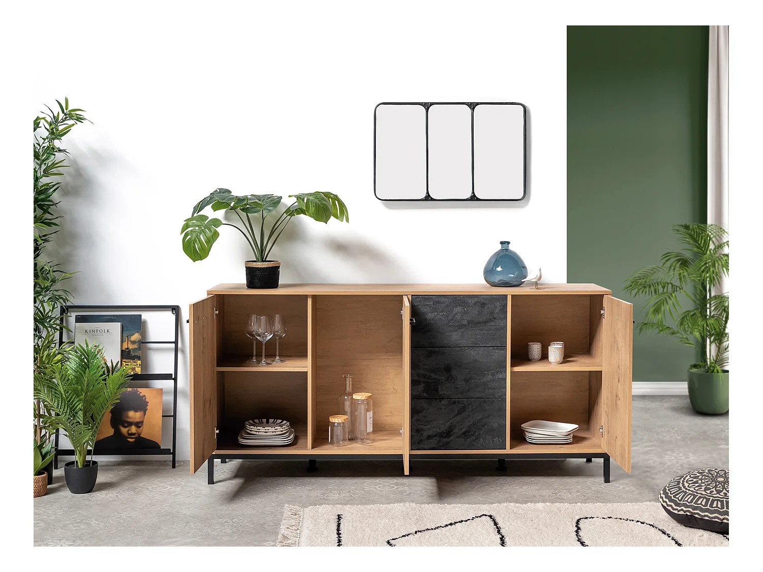 Buffet commode meuble de rangement 3 portes coloris chêne doré/effet marbre noir - Longueur 180 x Profondeur 40 x Hauteur 85 cm