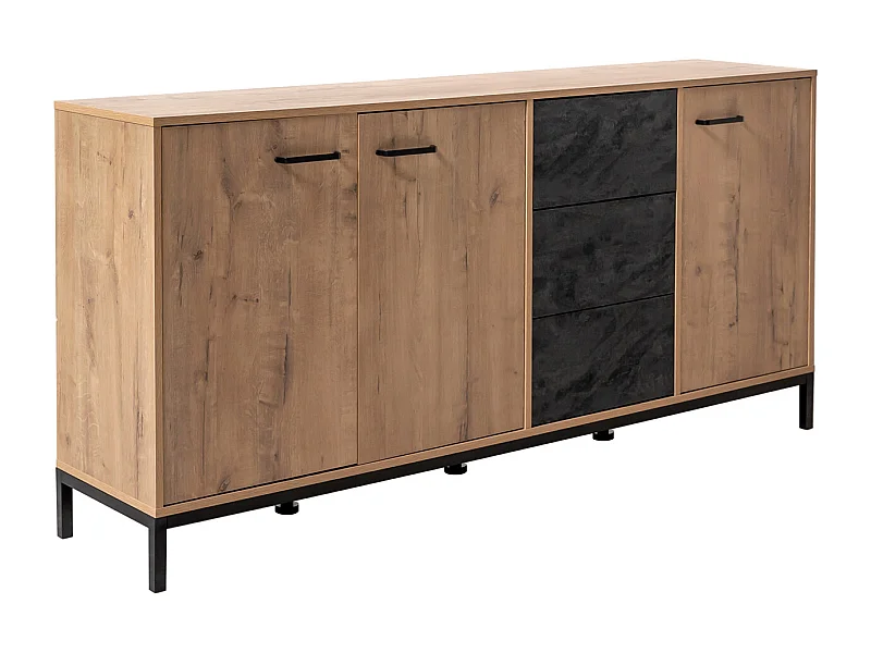 Buffet commode meuble de rangement 3 portes coloris chêne doré/effet marbre noir - Longueur 180 x Profondeur 40 x Hauteur 85 cm