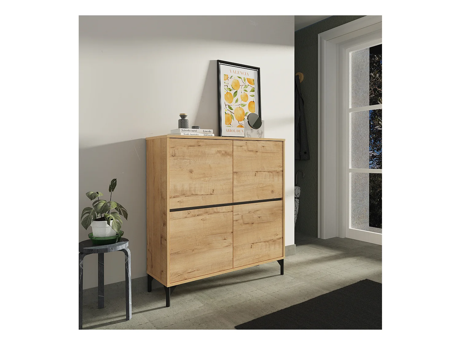 Meuble à chaussures meuble d'entrée avec pieds, 4 portes, coloris chêne doré, 20 paires de chaussures - Longueur 101 x Profondeur 33 x Hauteur 96,5 cm