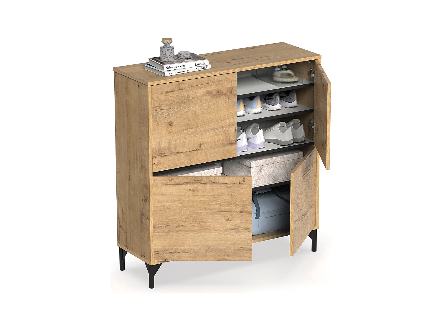 Meuble à chaussures meuble d'entrée avec pieds, 4 portes, coloris chêne doré, 20 paires de chaussures - Longueur 101 x Profondeur 33 x Hauteur 96,5 cm