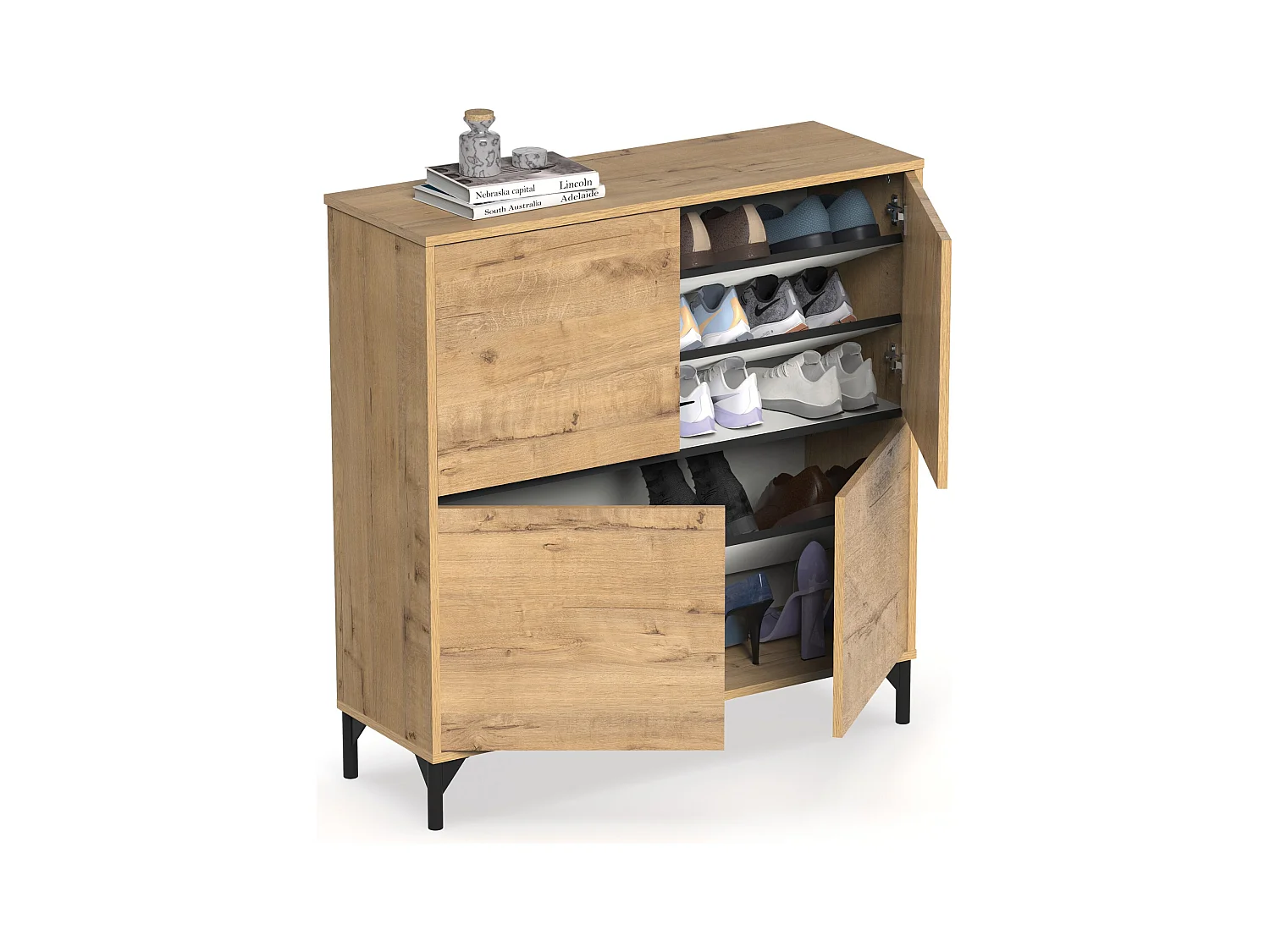 Meuble à chaussures meuble d'entrée avec pieds, 4 portes, coloris chêne doré, 20 paires de chaussures - Longueur 101 x Profondeur 33 x Hauteur 96,5 cm