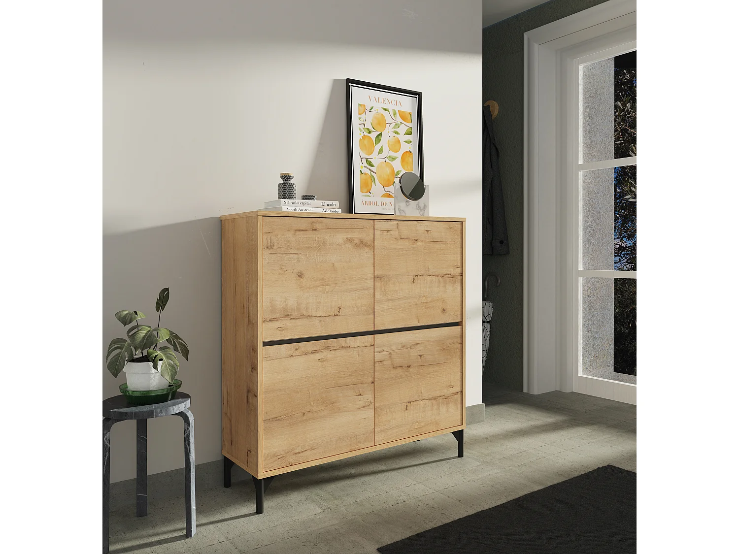 Meuble à chaussures meuble d'entrée avec pieds, 4 portes, coloris chêne doré, 20 paires de chaussures - Longueur 101 x Profondeur 33 x Hauteur 96,5 cm