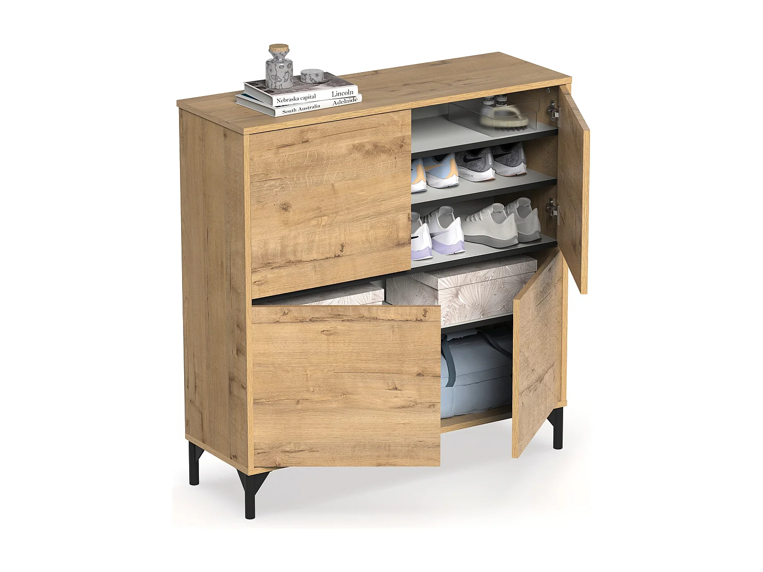 Meuble à chaussures meuble d'entrée avec pieds, 4 portes, coloris chêne doré, 20 paires de chaussures - Longueur 101 x Profondeur 33 x Hauteur 96,5 cm