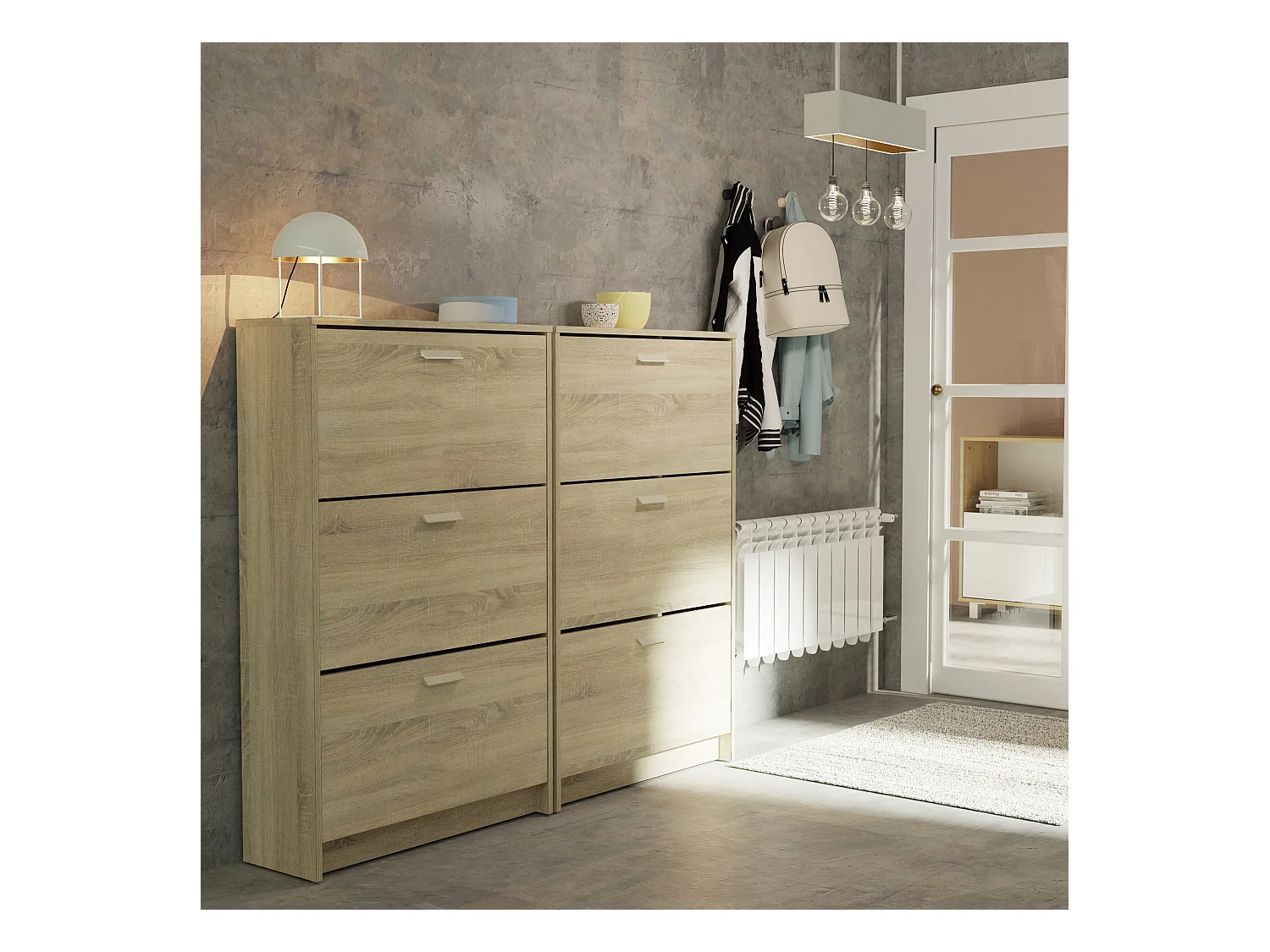 Meuble à chaussures de 3 portes, 18 paires coloris Chêne cambrien - Longueur 74 x Profondeur 25 x Hauteur 119,5 cm