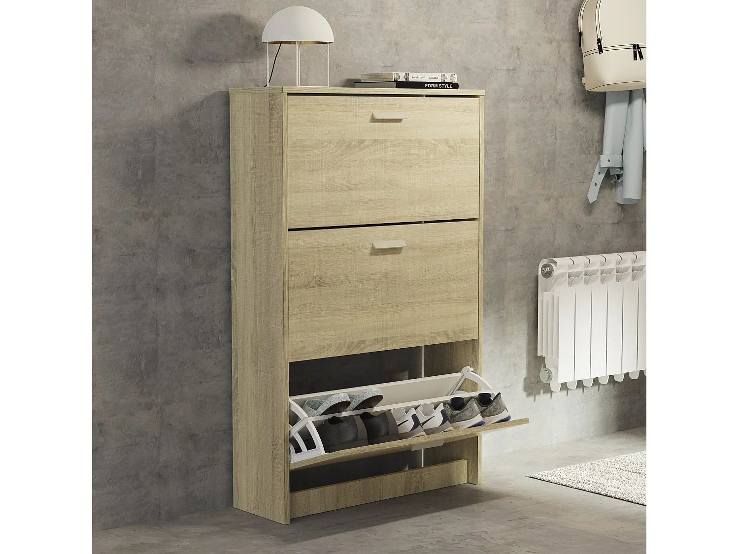 Meuble à chaussures de 3 portes, 18 paires coloris Chêne cambrien - Longueur 74 x Profondeur 25 x Hauteur 119,5 cm