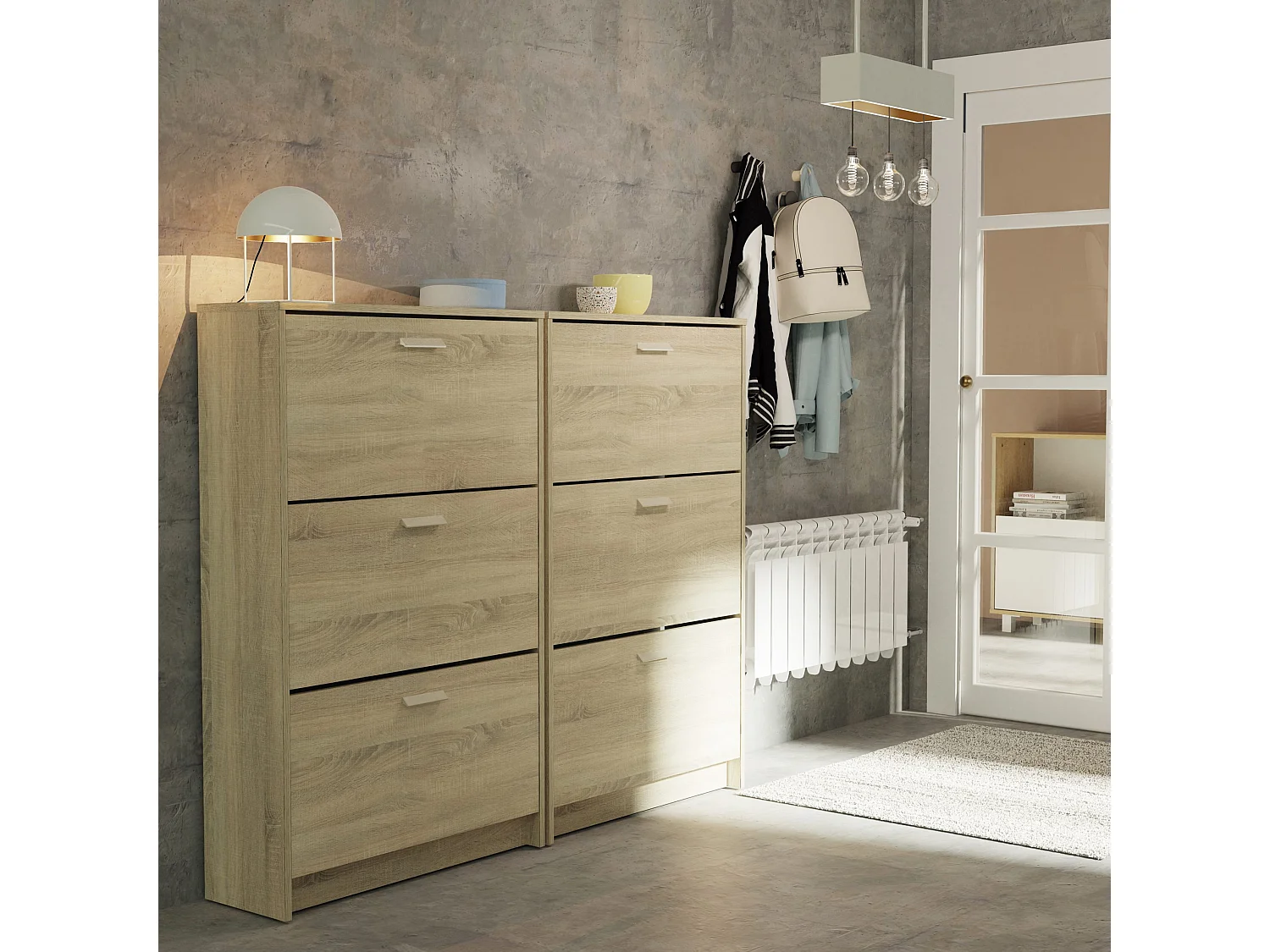 Meuble à chaussures de 3 portes, 18 paires coloris Chêne cambrien - Longueur 74 x Profondeur 25 x Hauteur 119,5 cm