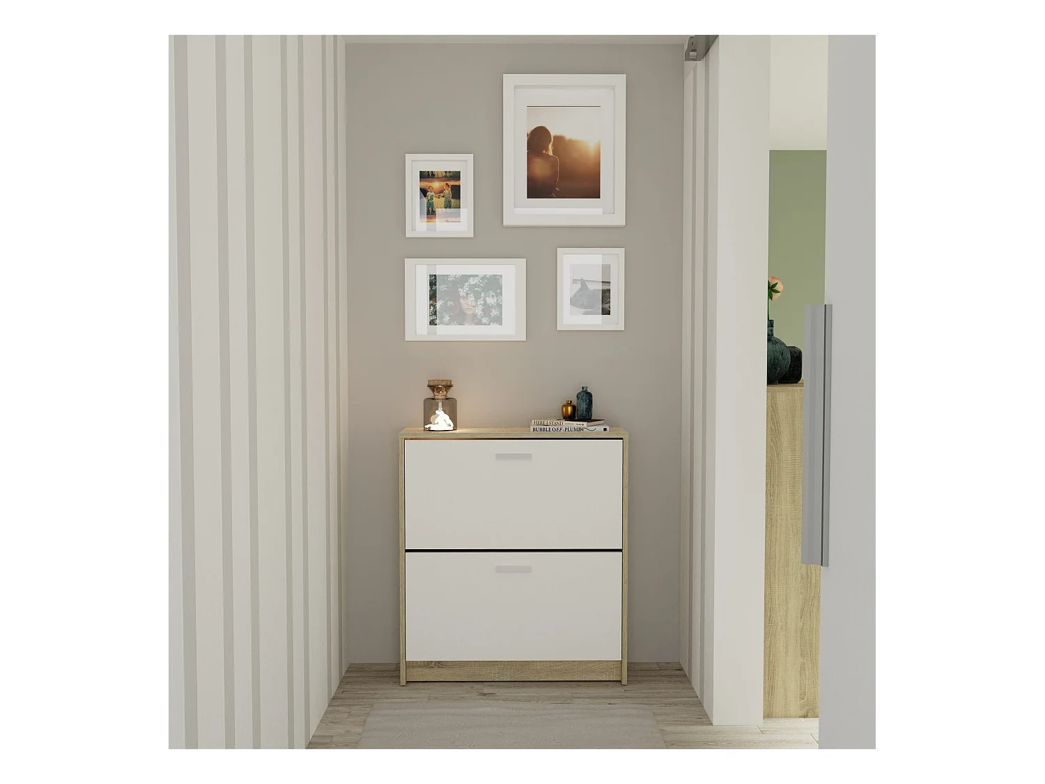 Meuble à chaussures de 2 portes, 12 paires coloris Blanc/Chêne cambrien - Longueur 74 x Profondeur 25 x Hauteur 82 cm