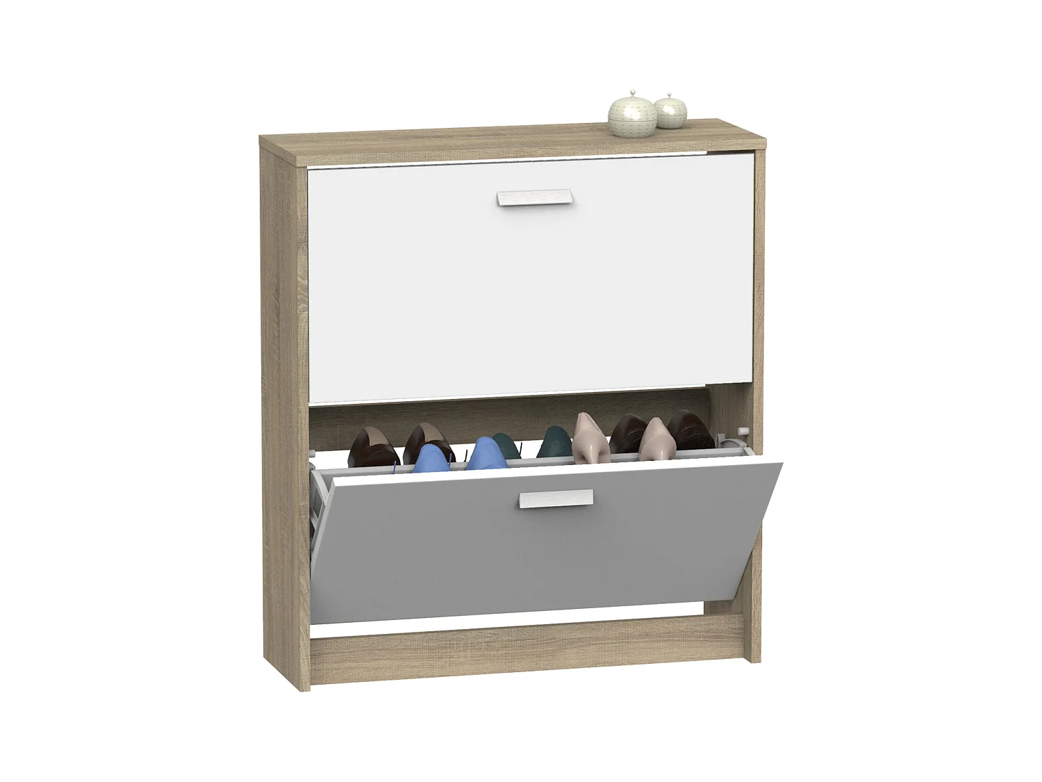 Meuble à chaussures de 2 portes, 12 paires coloris Blanc/Chêne cambrien - Longueur 74 x Profondeur 25 x Hauteur 82 cm