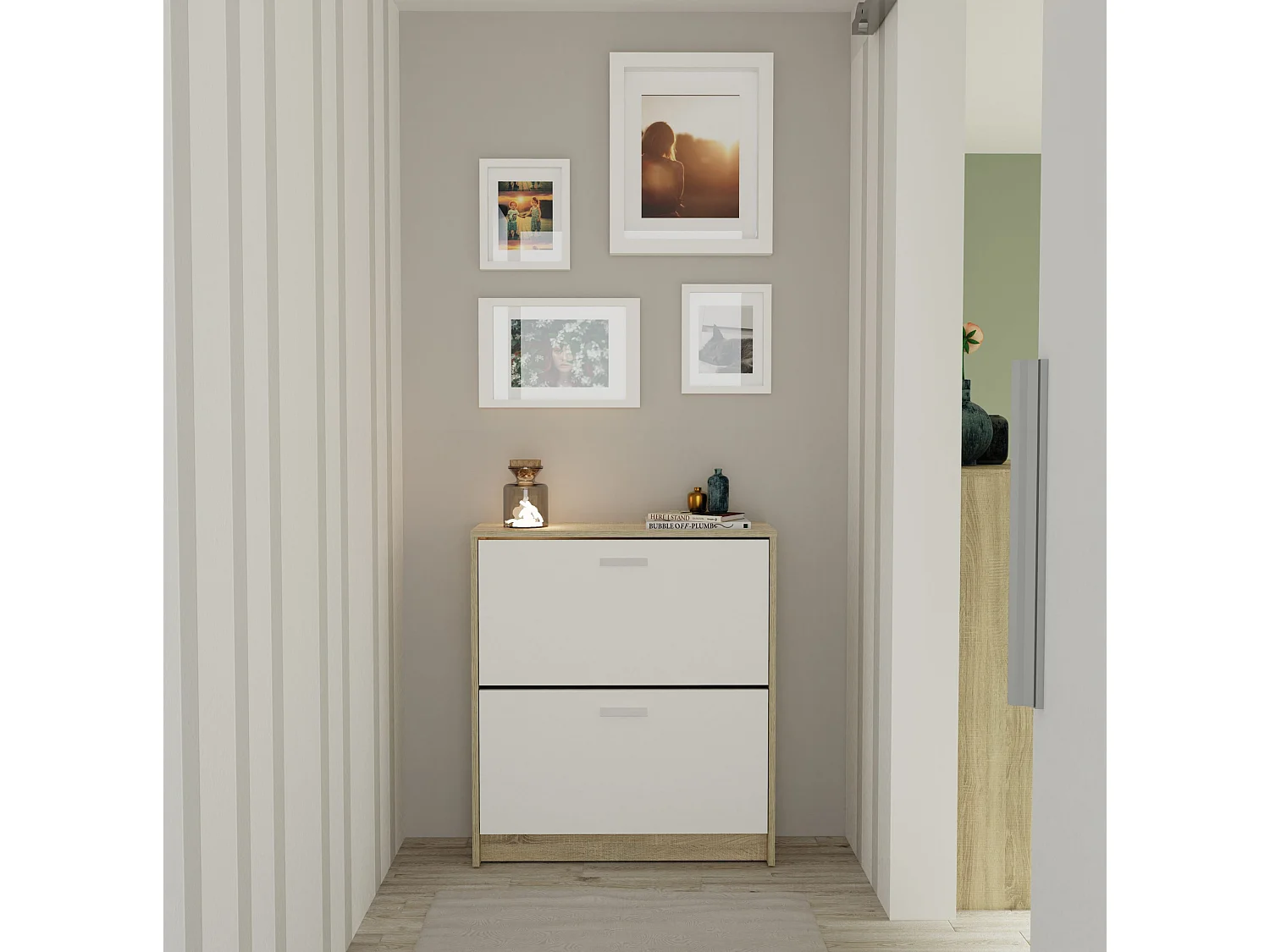 Meuble à chaussures de 2 portes, 12 paires coloris Blanc/Chêne cambrien - Longueur 74 x Profondeur 25 x Hauteur 82 cm