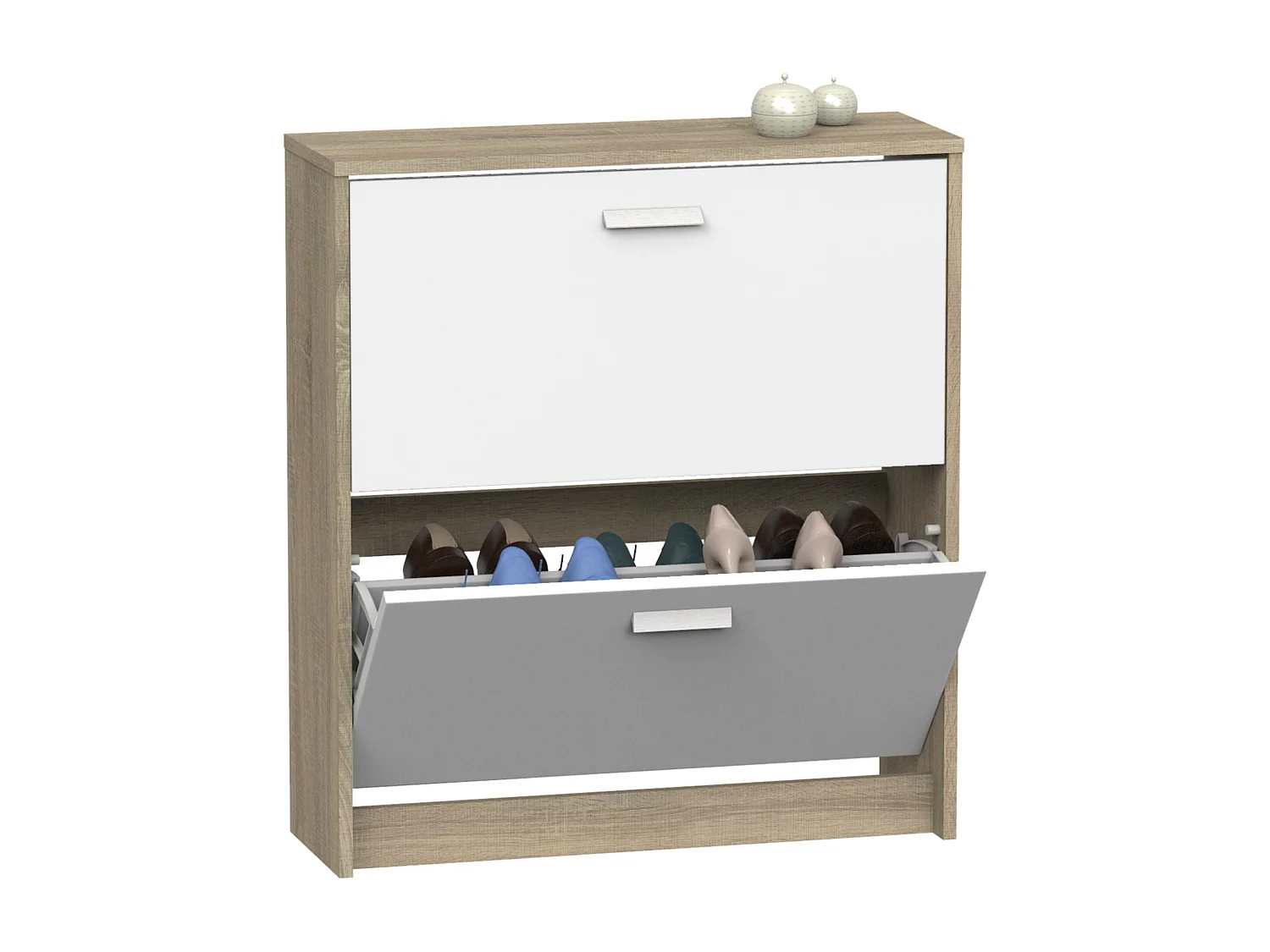 Meuble à chaussures de 2 portes, 12 paires coloris Blanc/Chêne cambrien - Longueur 74 x Profondeur 25 x Hauteur 82 cm