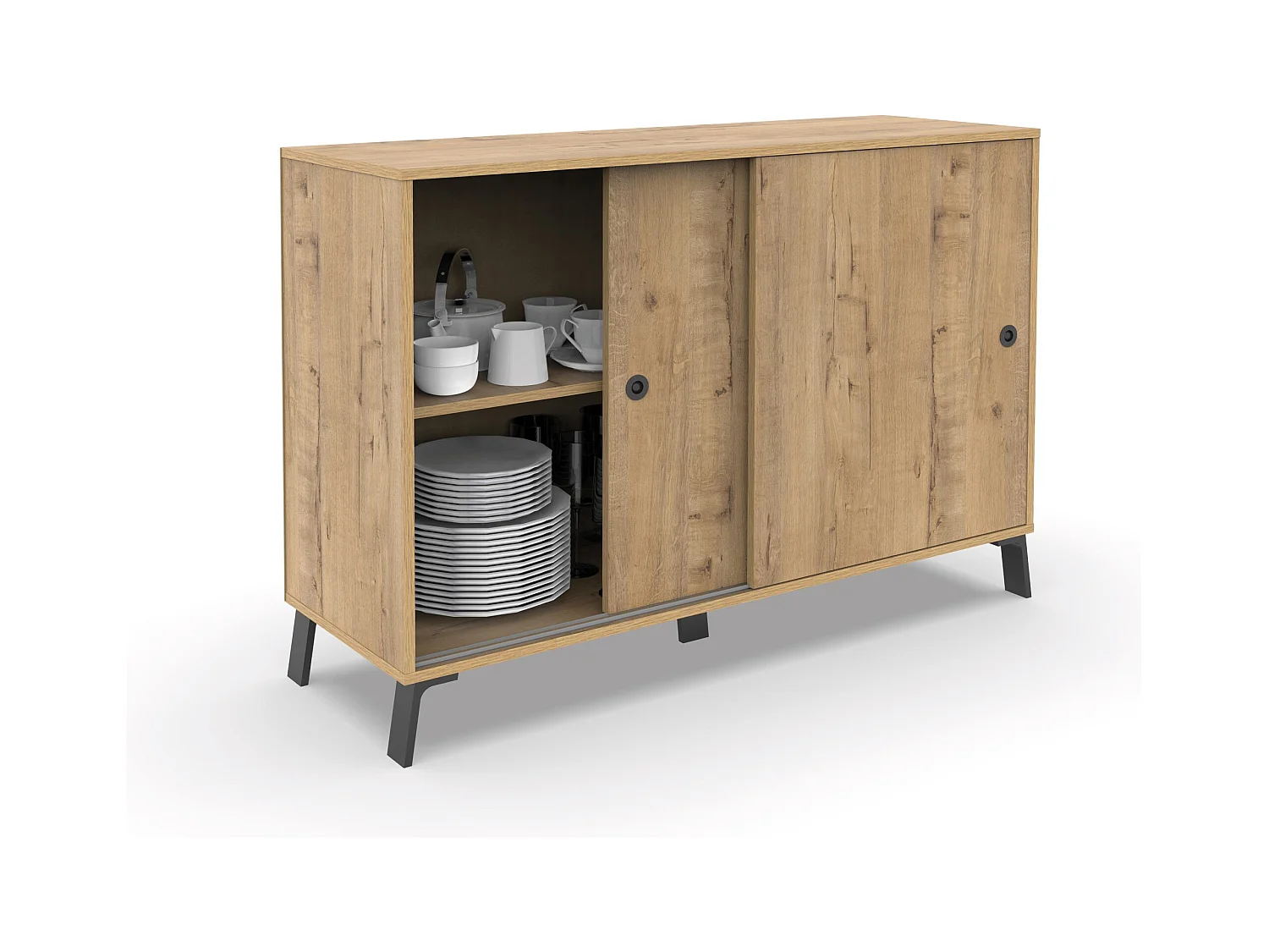 Buffet meuble de rangement 2 portes coulissantes et 4 compartiments coloris Chêne doré - Longueur 120 x Profondeur 40 x Hauteur 87 cm