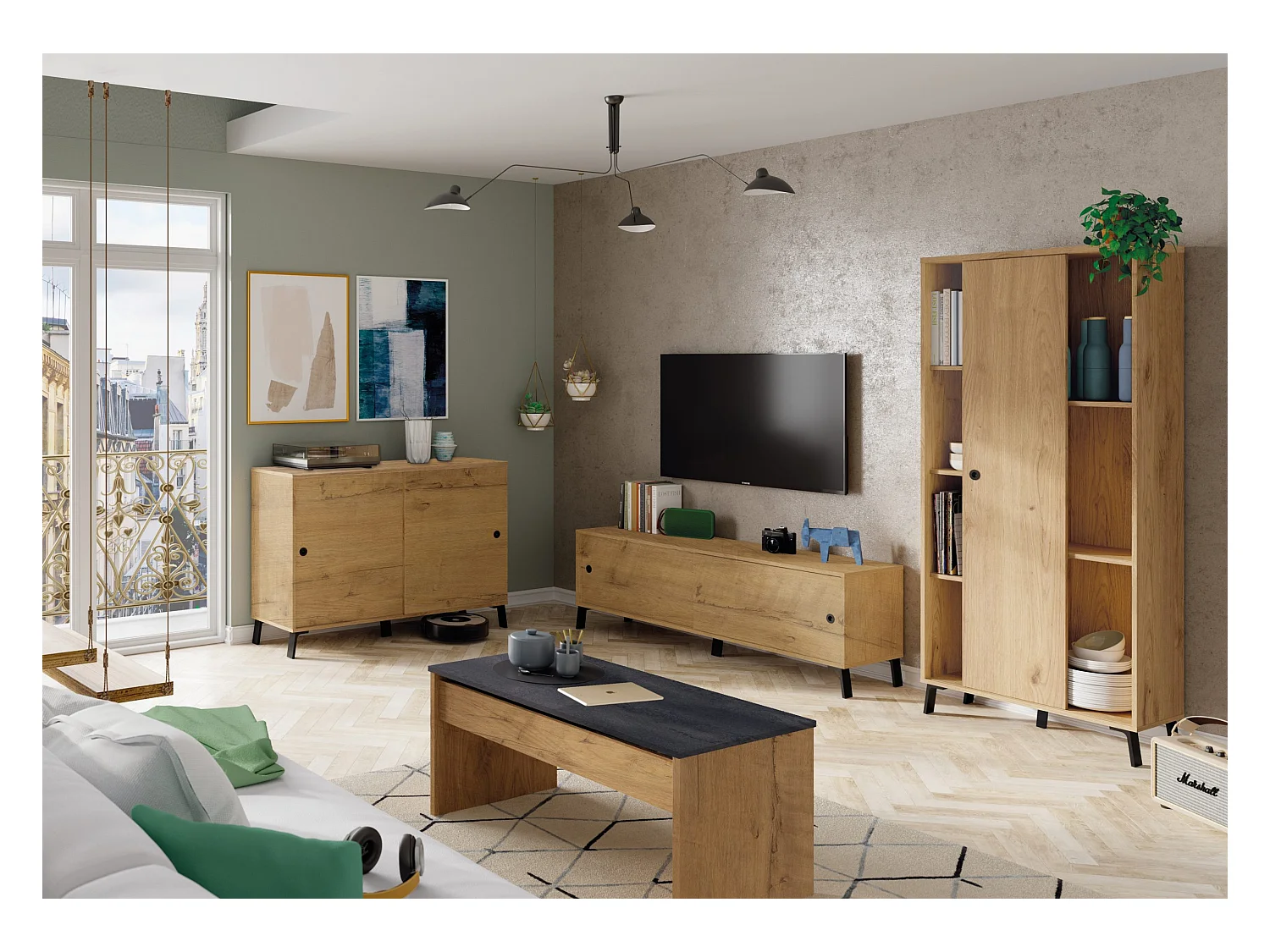 Buffet meuble de rangement 2 portes coulissantes et 4 compartiments coloris Chêne doré - Longueur 120 x Profondeur 40 x Hauteur 87 cm