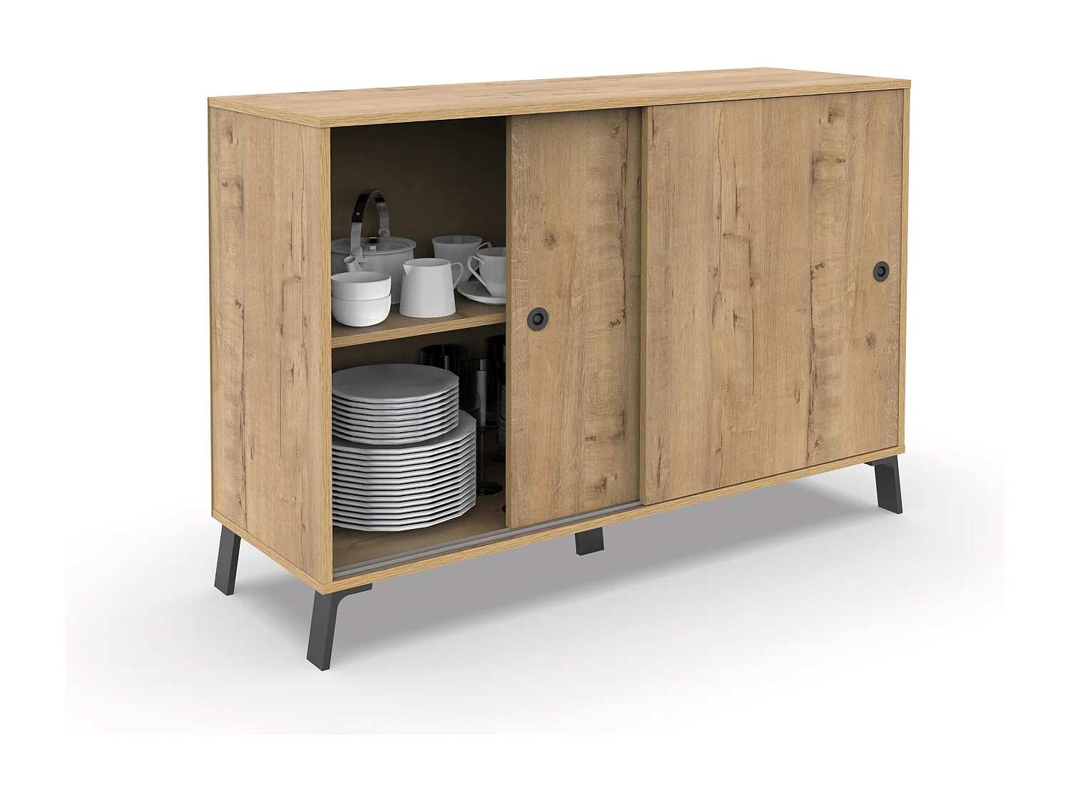 Buffet meuble de rangement 2 portes coulissantes et 4 compartiments coloris Chêne doré - Longueur 120 x Profondeur 40 x Hauteur 87 cm