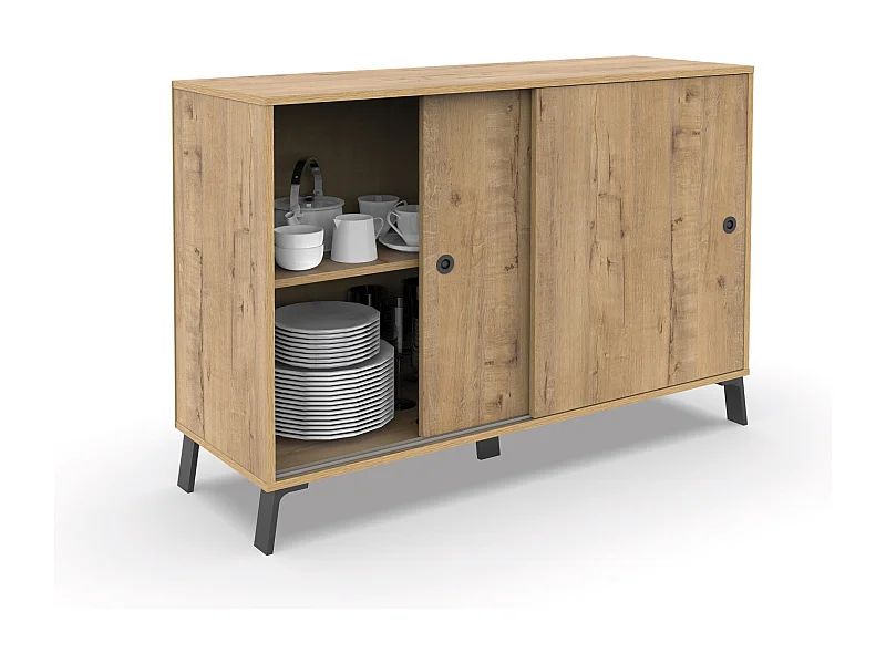 Buffet meuble de rangement 2 portes coulissantes et 4 compartiments coloris Chêne doré - Longueur 120 x Profondeur 40 x Hauteur 87 cm