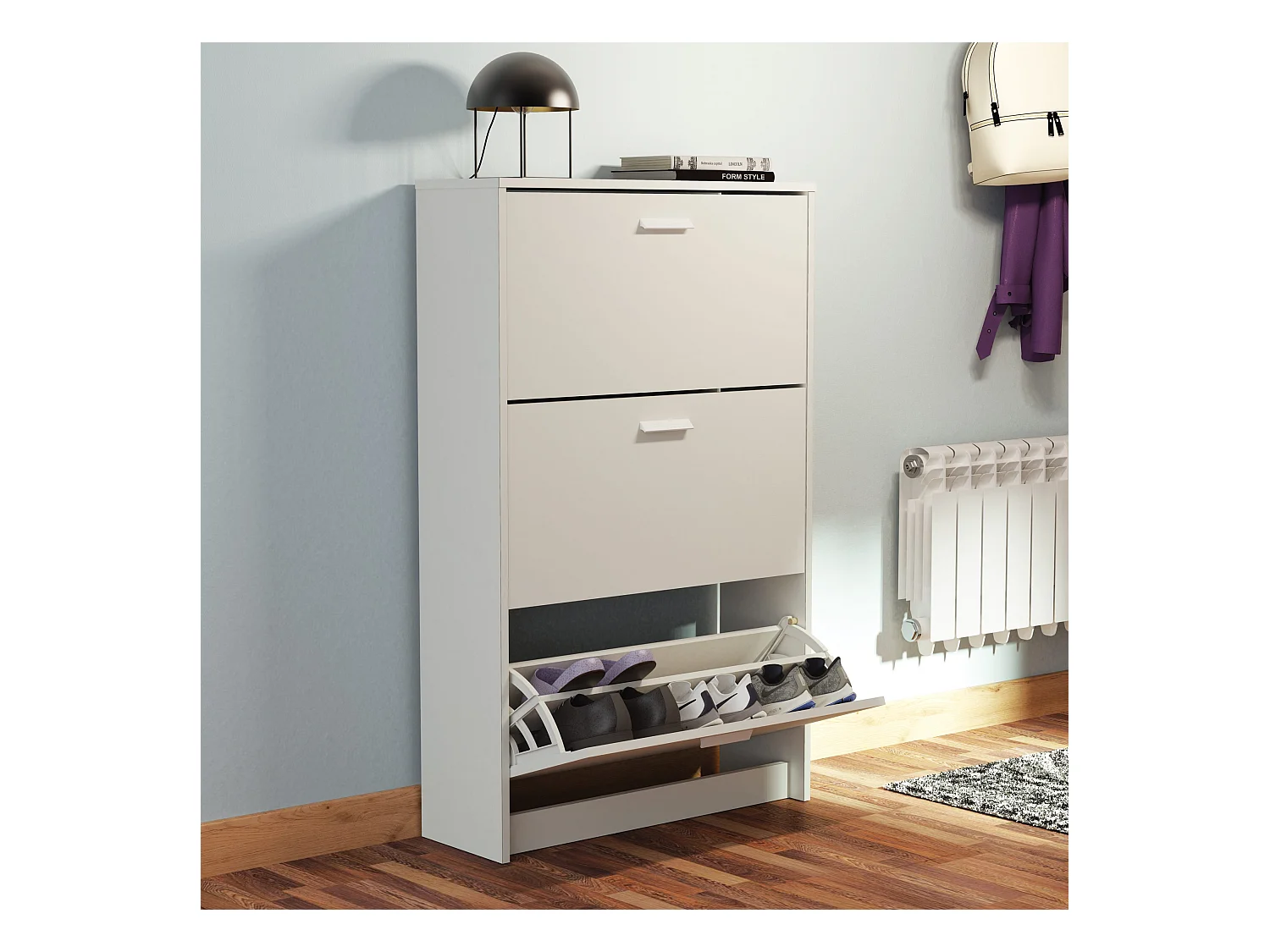 Meuble à chaussures de 3 portes, 18 paires coloris Blanc - Longueur 74 x Profondeur 25 x Hauteur 119,5 cm