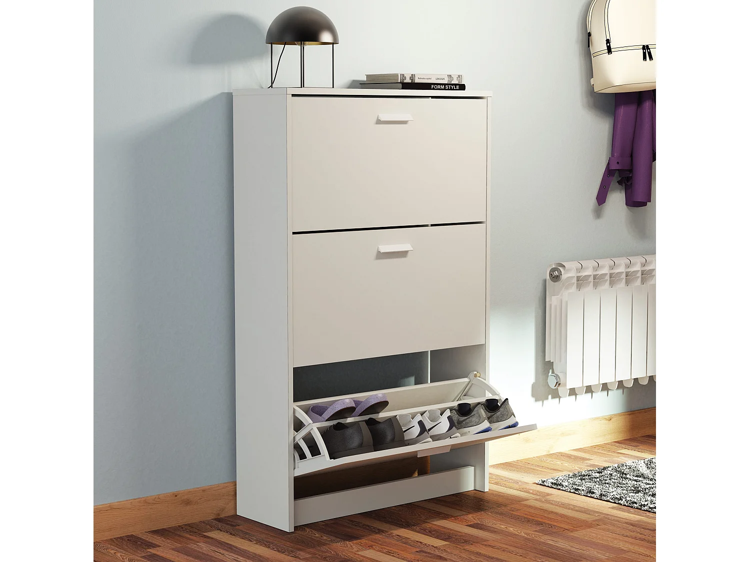 Meuble à chaussures de 3 portes, 18 paires coloris Blanc - Longueur 74 x Profondeur 25 x Hauteur 119,5 cm