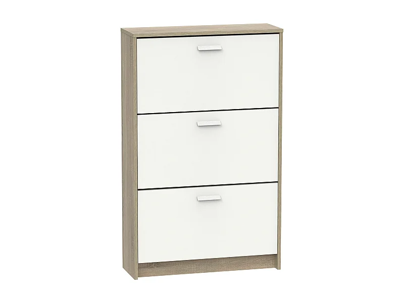 Meuble à chaussures de 3 portes, 18 paires coloris Blanc/Chêne cambrien - Longueur 74 x Profondeur 25 x Hauteur 119,5 cm