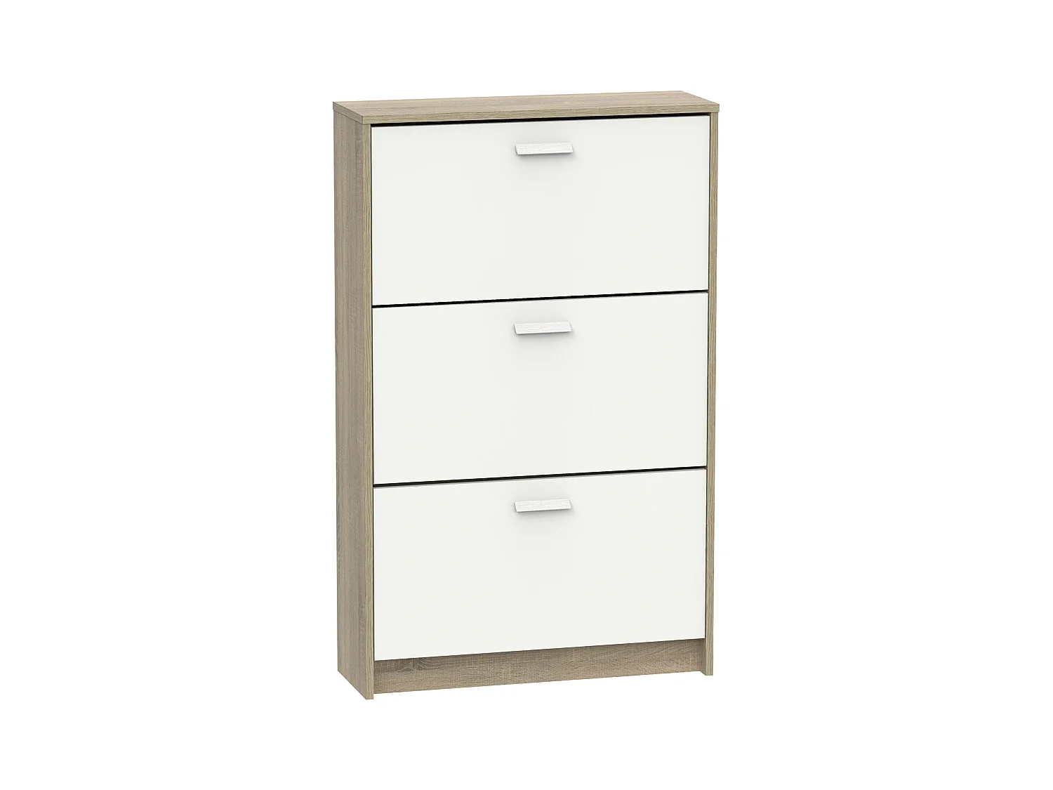 Meuble à chaussures de 3 portes, 18 paires coloris Blanc/Chêne cambrien - Longueur 74 x Profondeur 25 x Hauteur 119,5 cm