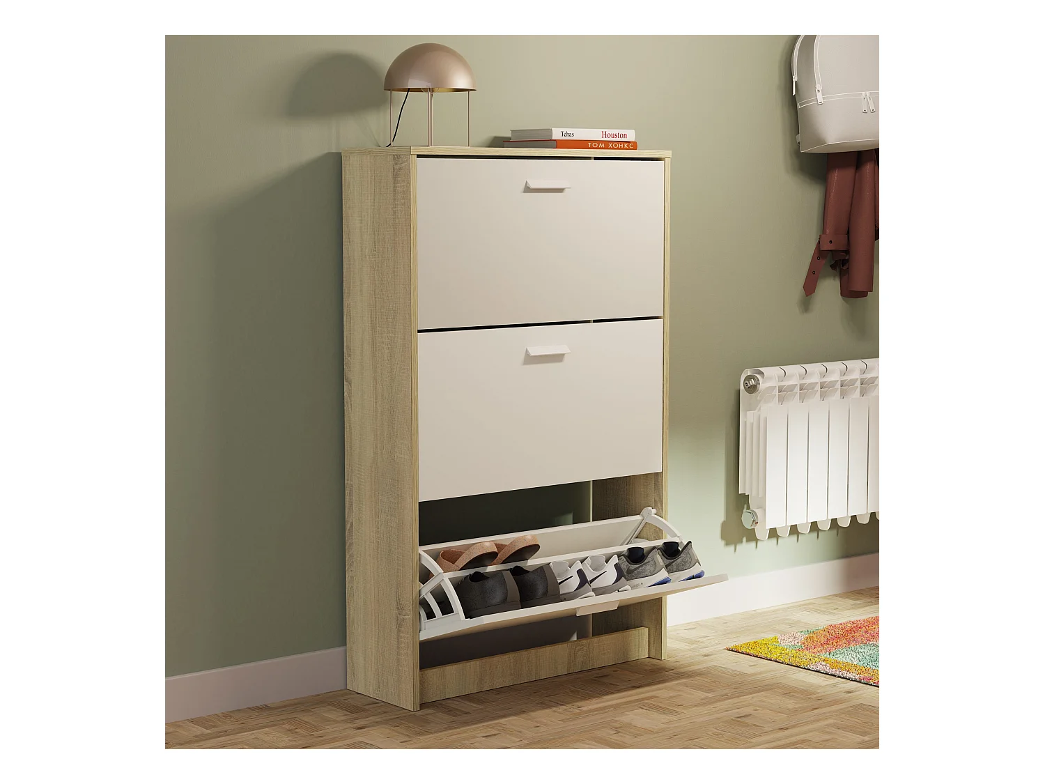 Meuble à chaussures de 3 portes, 18 paires coloris Blanc/Chêne cambrien - Longueur 74 x Profondeur 25 x Hauteur 119,5 cm