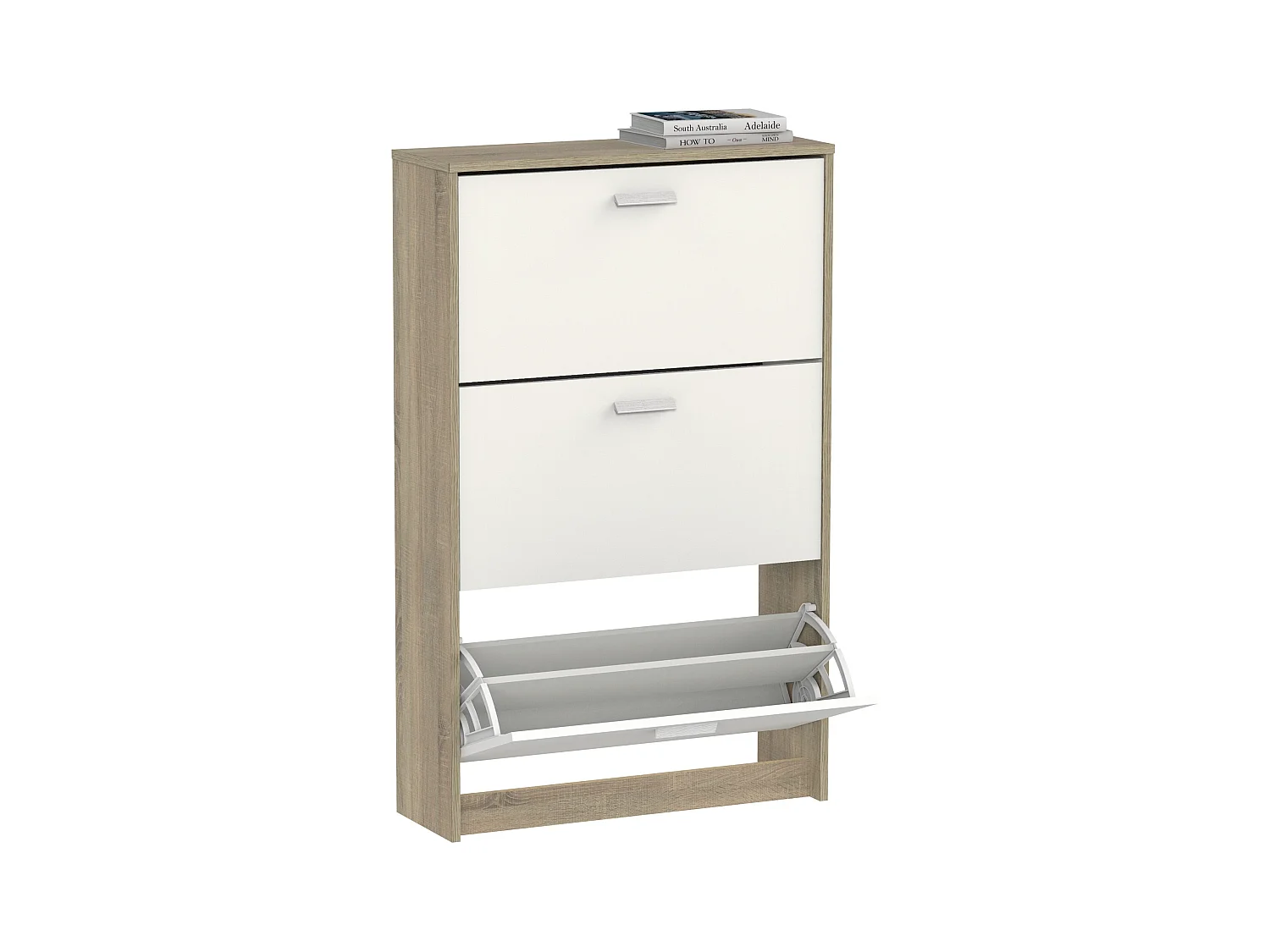 Meuble à chaussures de 3 portes, 18 paires coloris Blanc/Chêne cambrien - Longueur 74 x Profondeur 25 x Hauteur 119,5 cm