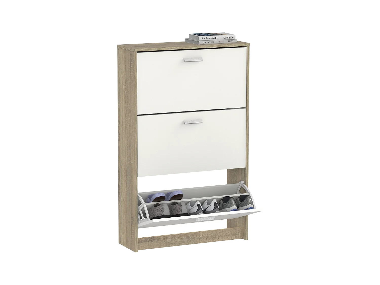 Meuble à chaussures de 3 portes, 18 paires coloris Blanc/Chêne cambrien - Longueur 74 x Profondeur 25 x Hauteur 119,5 cm