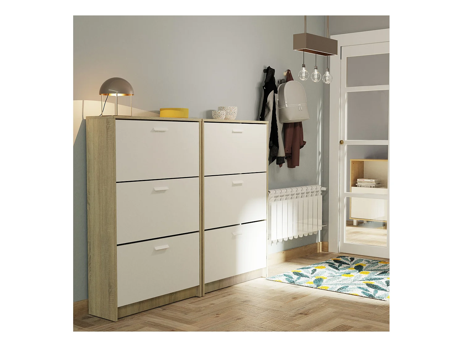 Meuble à chaussures de 3 portes, 18 paires coloris Blanc/Chêne cambrien - Longueur 74 x Profondeur 25 x Hauteur 119,5 cm