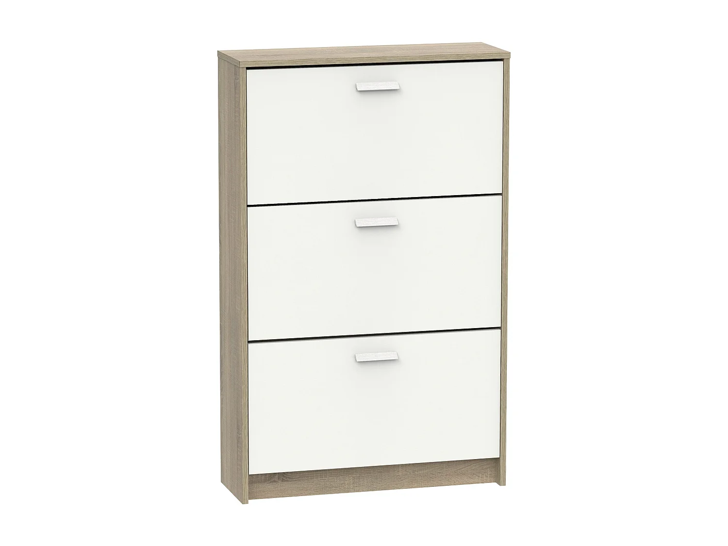 Meuble à chaussures de 3 portes, 18 paires coloris Blanc/Chêne cambrien - Longueur 74 x Profondeur 25 x Hauteur 119,5 cm