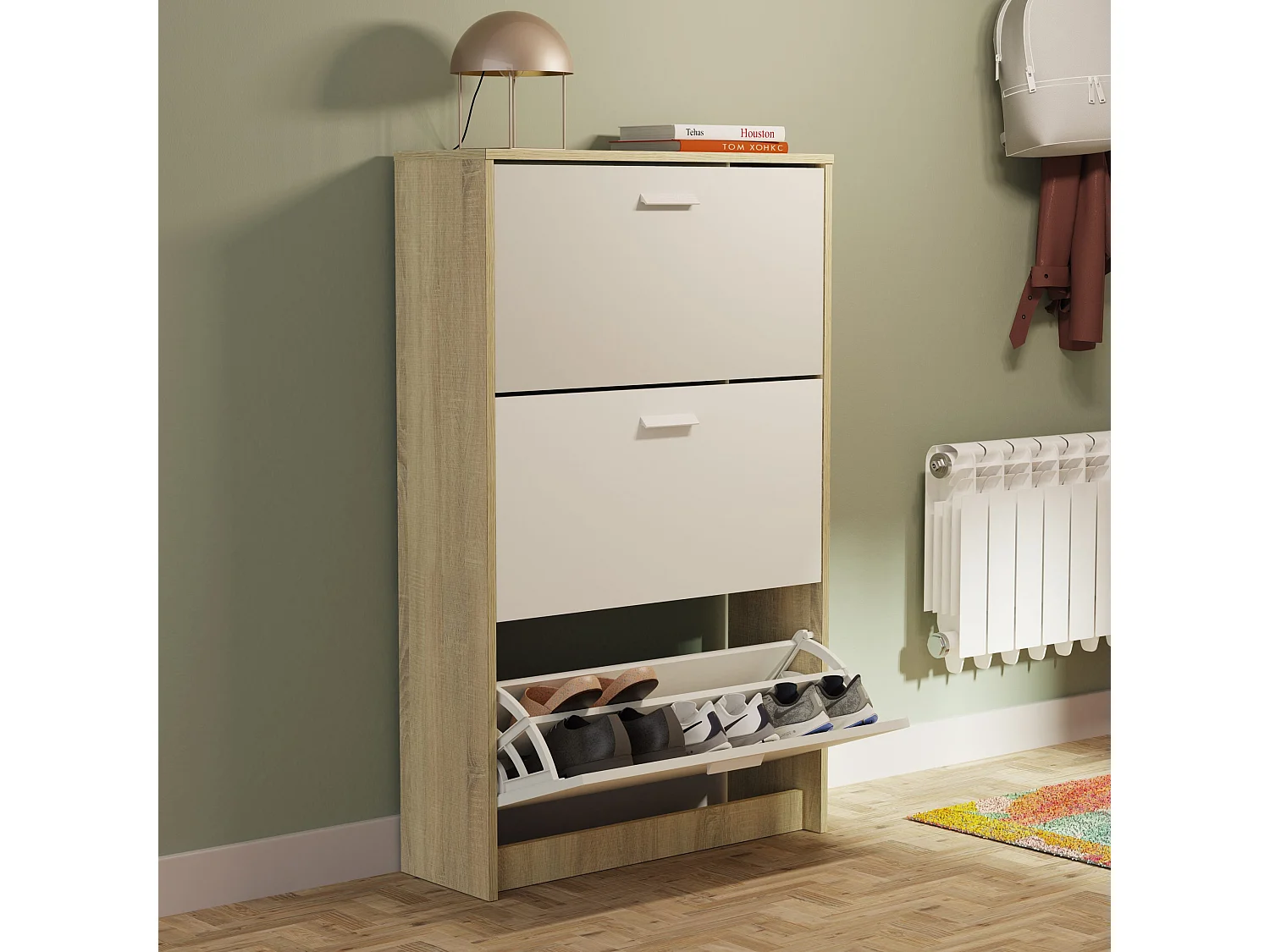 Meuble à chaussures de 3 portes, 18 paires coloris Blanc/Chêne cambrien - Longueur 74 x Profondeur 25 x Hauteur 119,5 cm