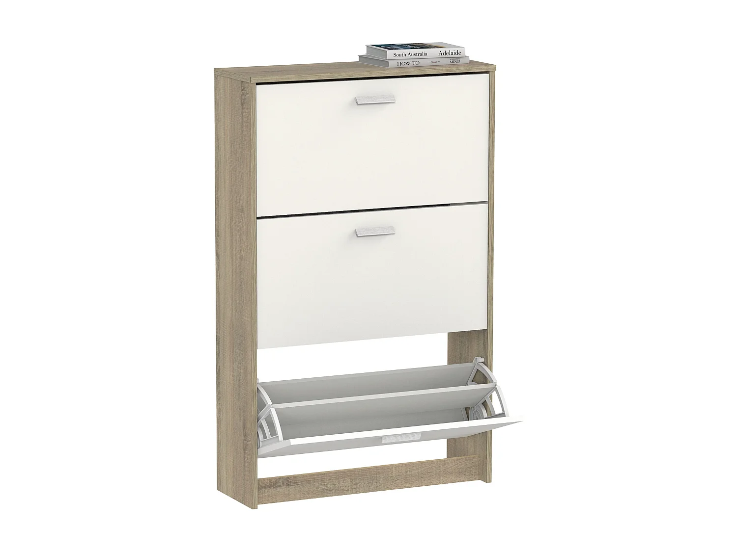 Meuble à chaussures de 3 portes, 18 paires coloris Blanc/Chêne cambrien - Longueur 74 x Profondeur 25 x Hauteur 119,5 cm