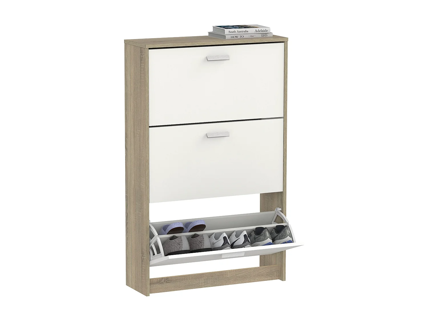 Meuble à chaussures de 3 portes, 18 paires coloris Blanc/Chêne cambrien - Longueur 74 x Profondeur 25 x Hauteur 119,5 cm