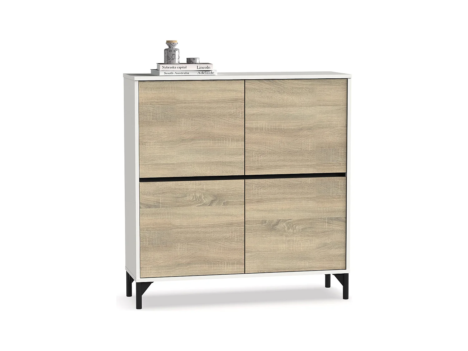 Meuble à chaussures meuble d'entrée avec pieds, 4 portes, coloris Blanc/Chêne cambrien, 20 paires de chaussures - Longueur 101 x Profondeur 33 x Hauteur 96,5 cm