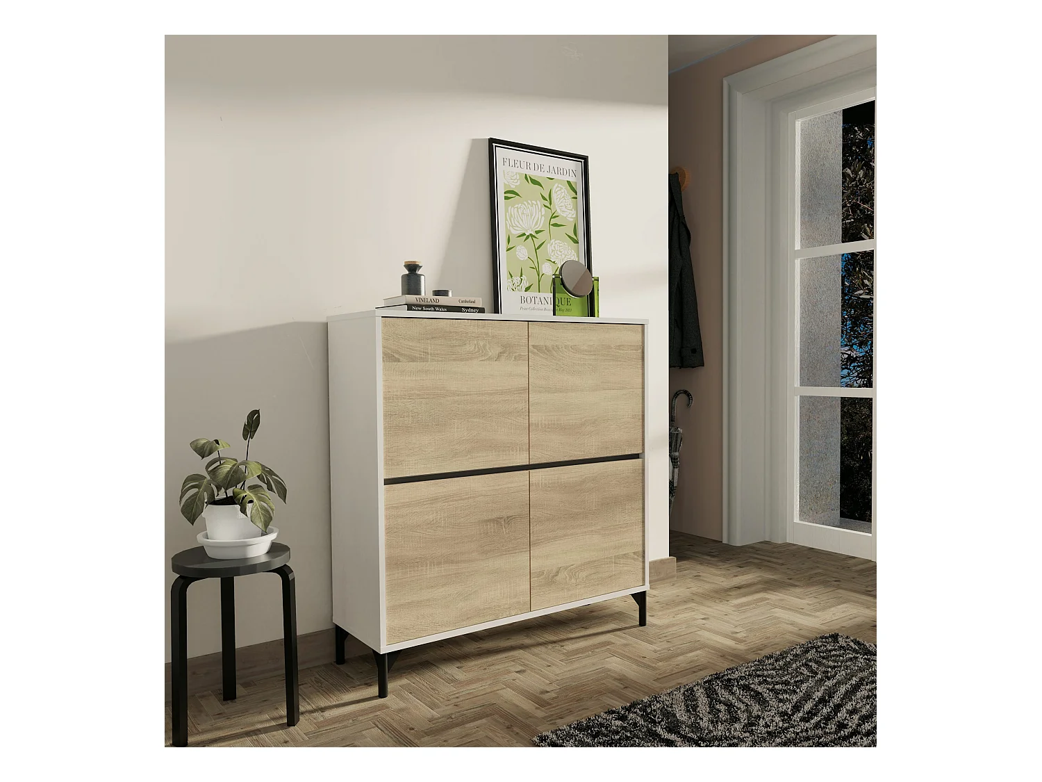 Meuble à chaussures meuble d'entrée avec pieds, 4 portes, coloris Blanc/Chêne cambrien, 20 paires de chaussures - Longueur 101 x Profondeur 33 x Hauteur 96,5 cm