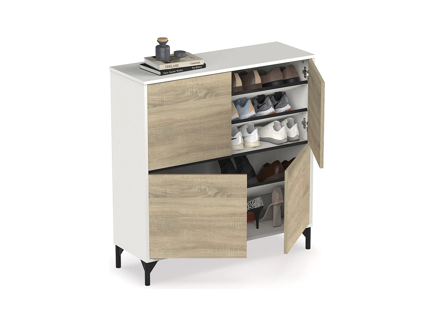 Meuble à chaussures meuble d'entrée avec pieds, 4 portes, coloris Blanc/Chêne cambrien, 20 paires de chaussures - Longueur 101 x Profondeur 33 x Hauteur 96,5 cm