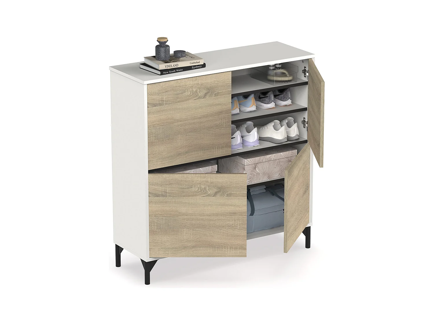 Meuble à chaussures meuble d'entrée avec pieds, 4 portes, coloris Blanc/Chêne cambrien, 20 paires de chaussures - Longueur 101 x Profondeur 33 x Hauteur 96,5 cm