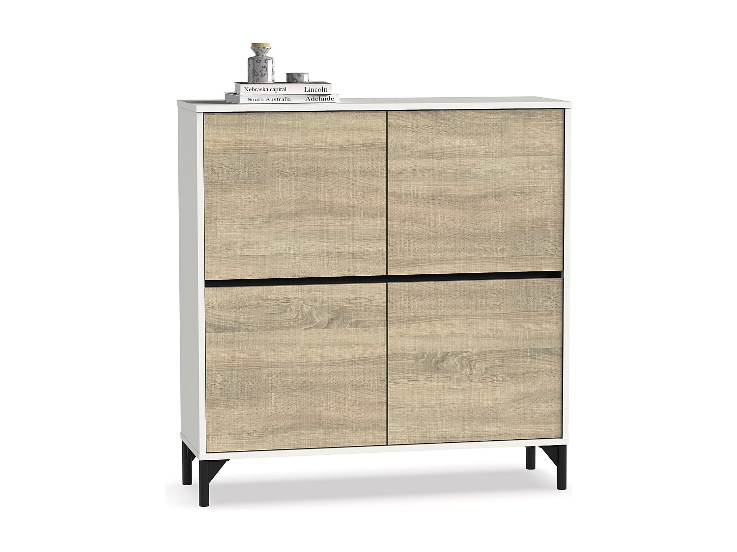 Meuble à chaussures meuble d'entrée avec pieds, 4 portes, coloris Blanc/Chêne cambrien, 20 paires de chaussures - Longueur 101 x Profondeur 33 x Hauteur 96,5 cm