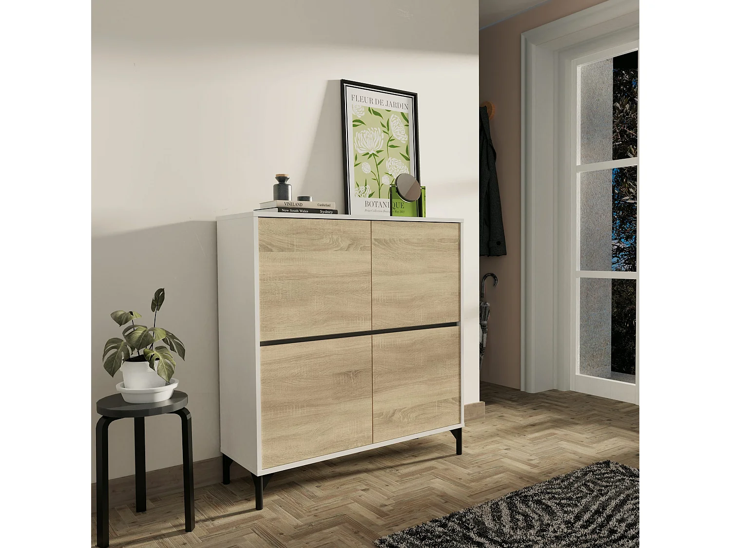 Meuble à chaussures meuble d'entrée avec pieds, 4 portes, coloris Blanc/Chêne cambrien, 20 paires de chaussures - Longueur 101 x Profondeur 33 x Hauteur 96,5 cm