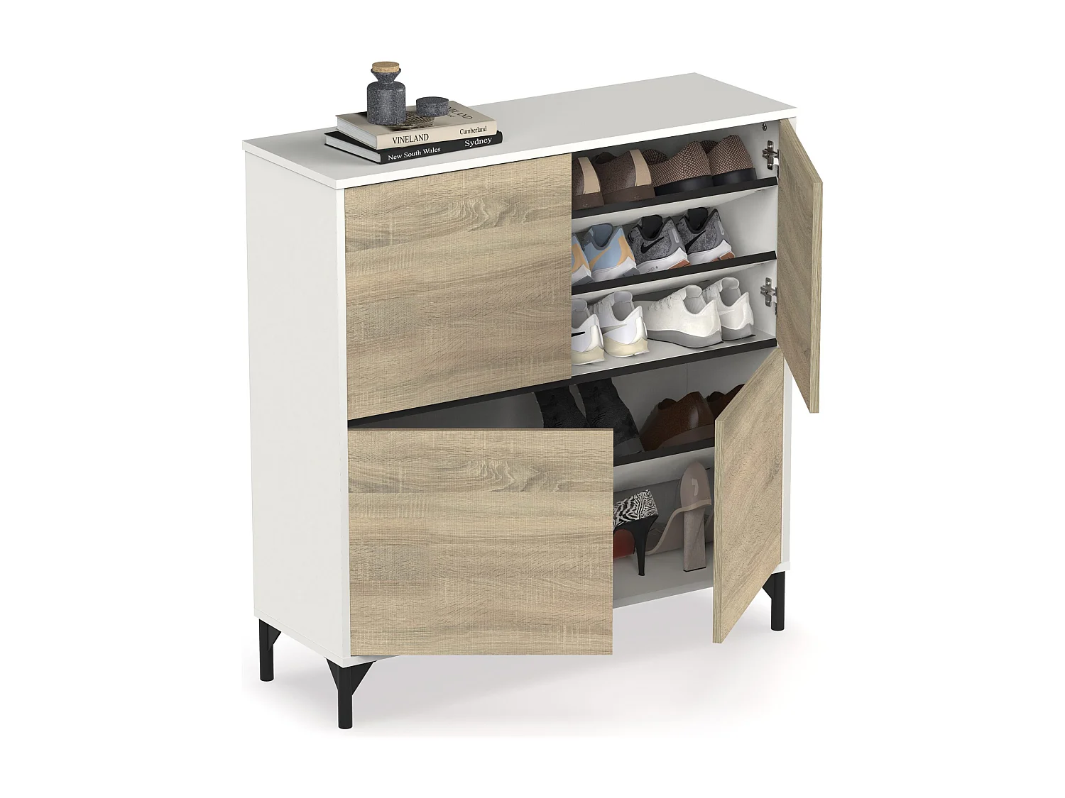 Meuble à chaussures meuble d'entrée avec pieds, 4 portes, coloris Blanc/Chêne cambrien, 20 paires de chaussures - Longueur 101 x Profondeur 33 x Hauteur 96,5 cm