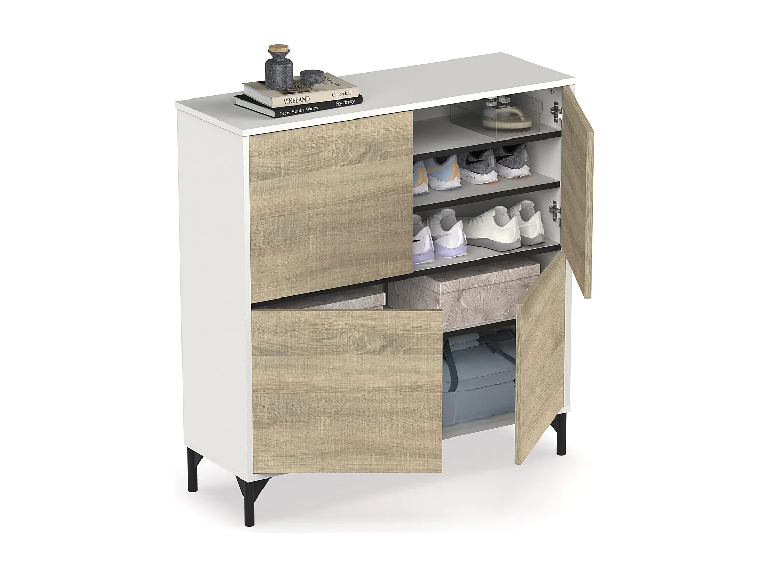 Meuble à chaussures meuble d'entrée avec pieds, 4 portes, coloris Blanc/Chêne cambrien, 20 paires de chaussures - Longueur 101 x Profondeur 33 x Hauteur 96,5 cm