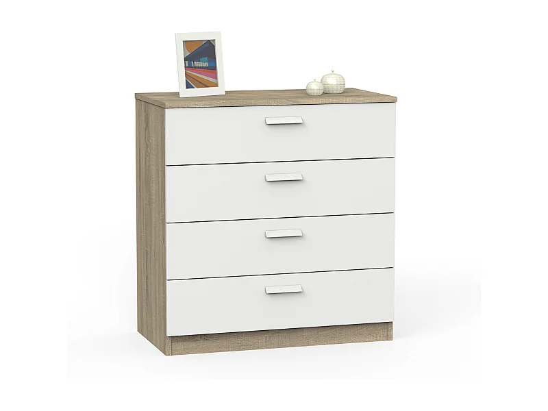Commode de rangement de 4 Tiroirs avec Glissières Métalliques coloris Blanche et Chêne cambrien - Longueur 74 x Profondeur 40 x Hauteur 78 cm