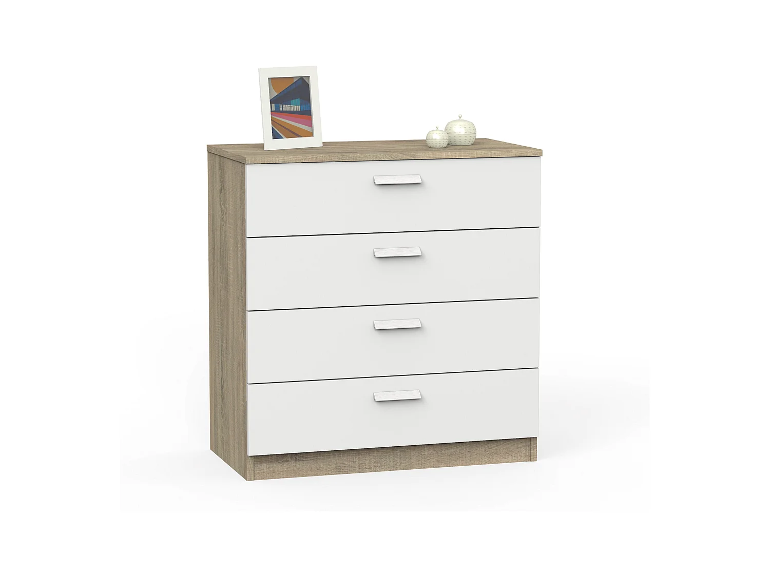 Commode de rangement de 4 Tiroirs avec Glissières Métalliques coloris Blanche et Chêne cambrien - Longueur 74 x Profondeur 40 x Hauteur 78 cm