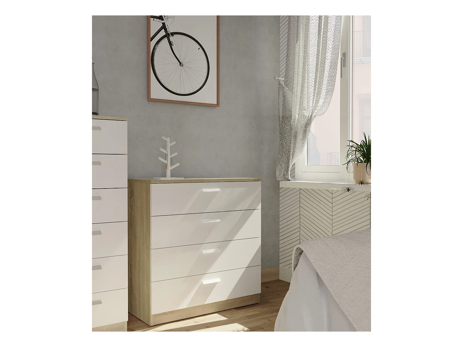 Commode de rangement de 4 Tiroirs avec Glissières Métalliques coloris Blanche et Chêne cambrien - Longueur 74 x Profondeur 40 x Hauteur 78 cm