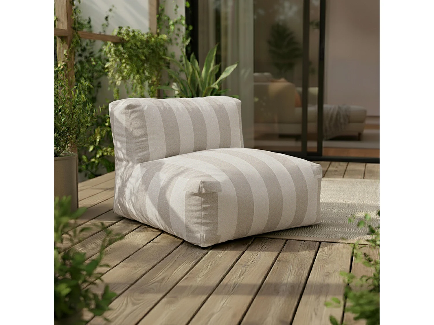 Canapé d'angle rayé de jardin modulable 4 places Beige