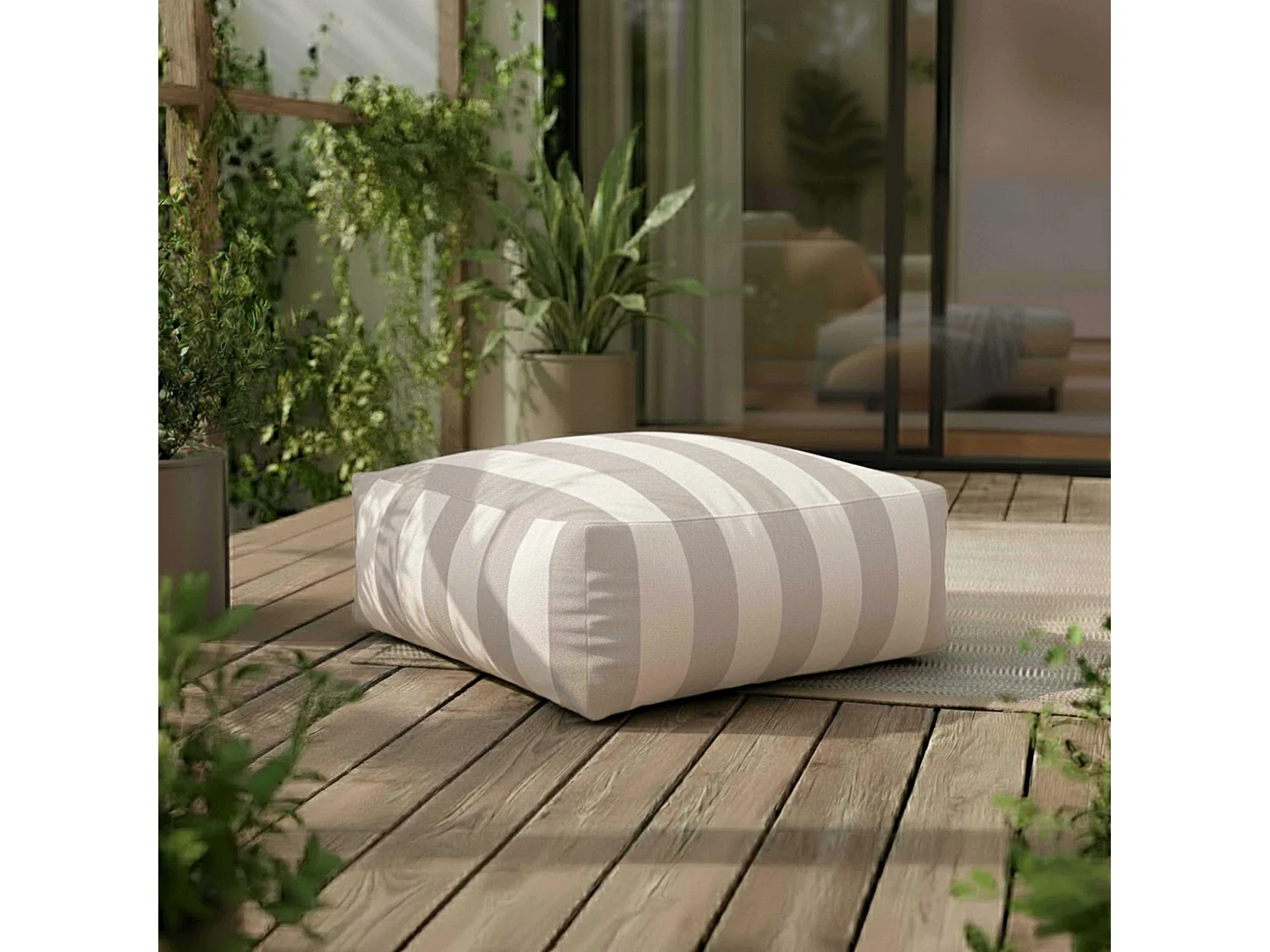 Canapé d'angle rayé de jardin modulable 4 places Beige