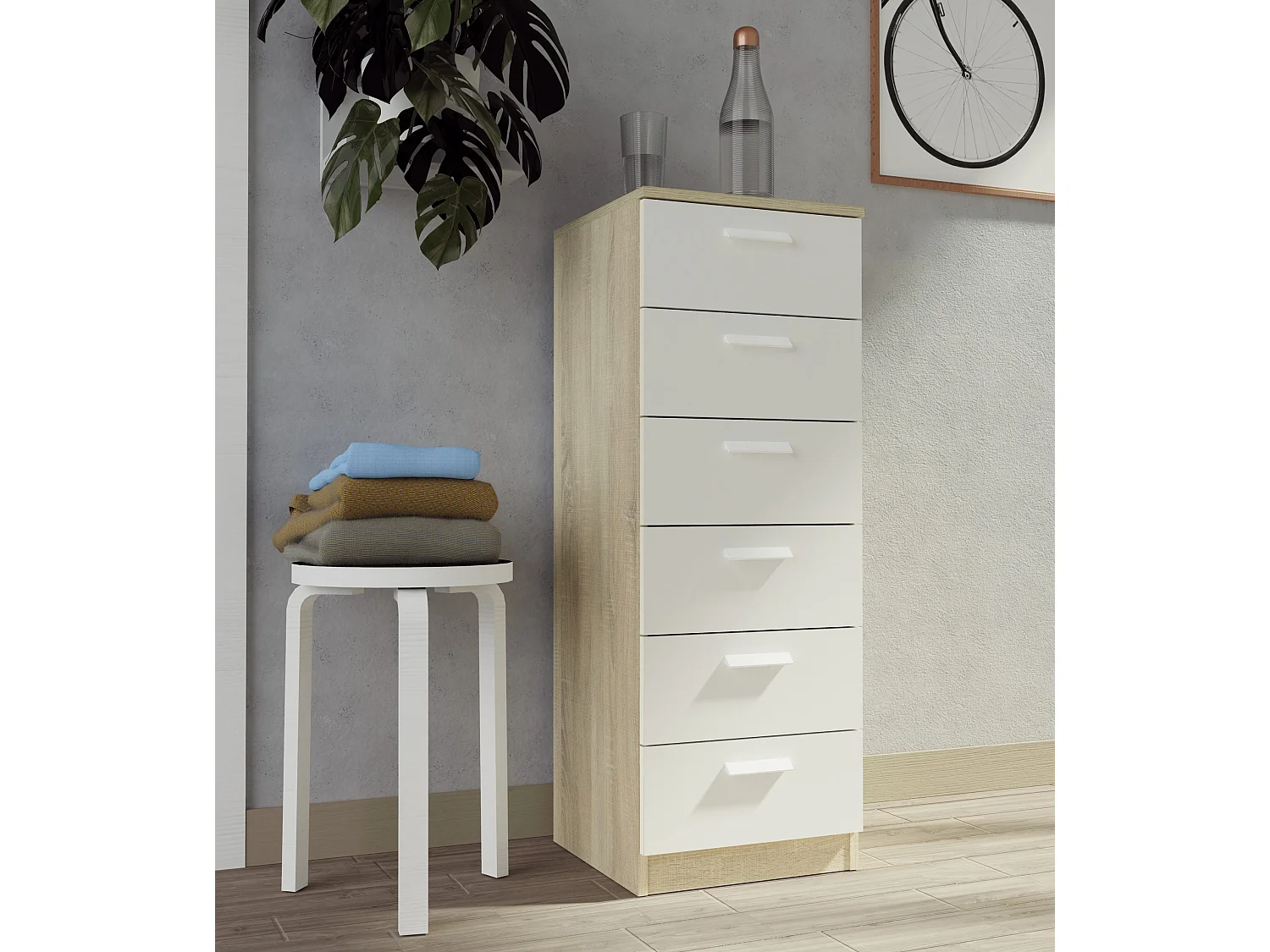 Commode chambre à coucher Chiffonier à 6 tiroirs coloris Chêne Cambrien/Blanc - Longueur 40x Profondeur 40 x Hauteur 110 cm